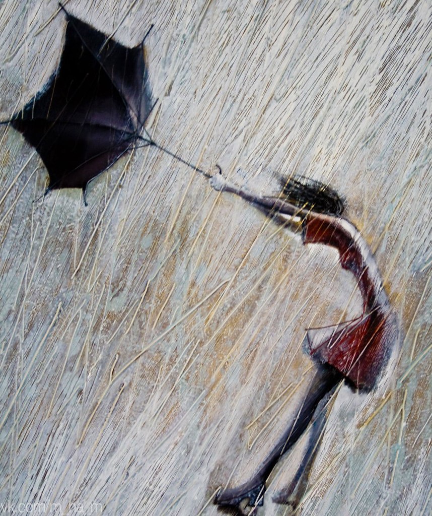Запутался ветер. Сильный ветер живопись. Девушка с зонтиком на ветру.