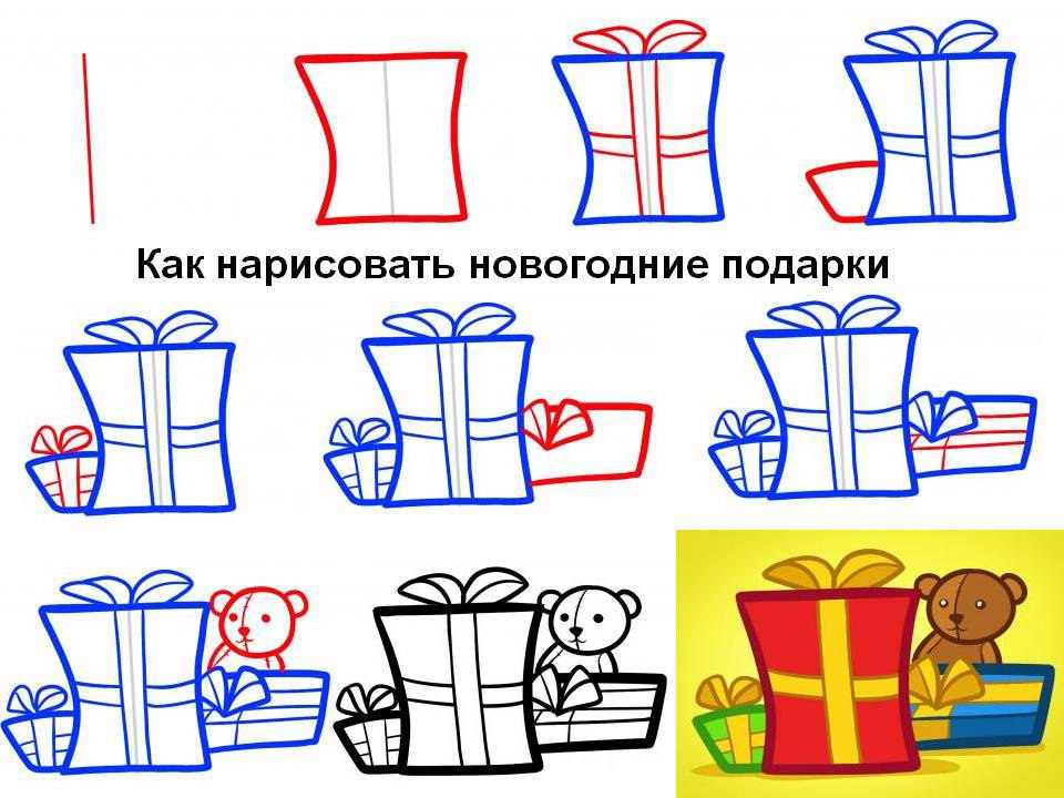 Нарисовать подарки ребенку. Подарок рисунок. Как нарисовать новогодний подарок. Подарок рисунок карандашом. Подарок рисунок поэтапно.