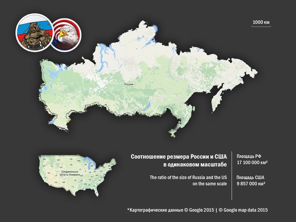 Карта россии и америки сравнить