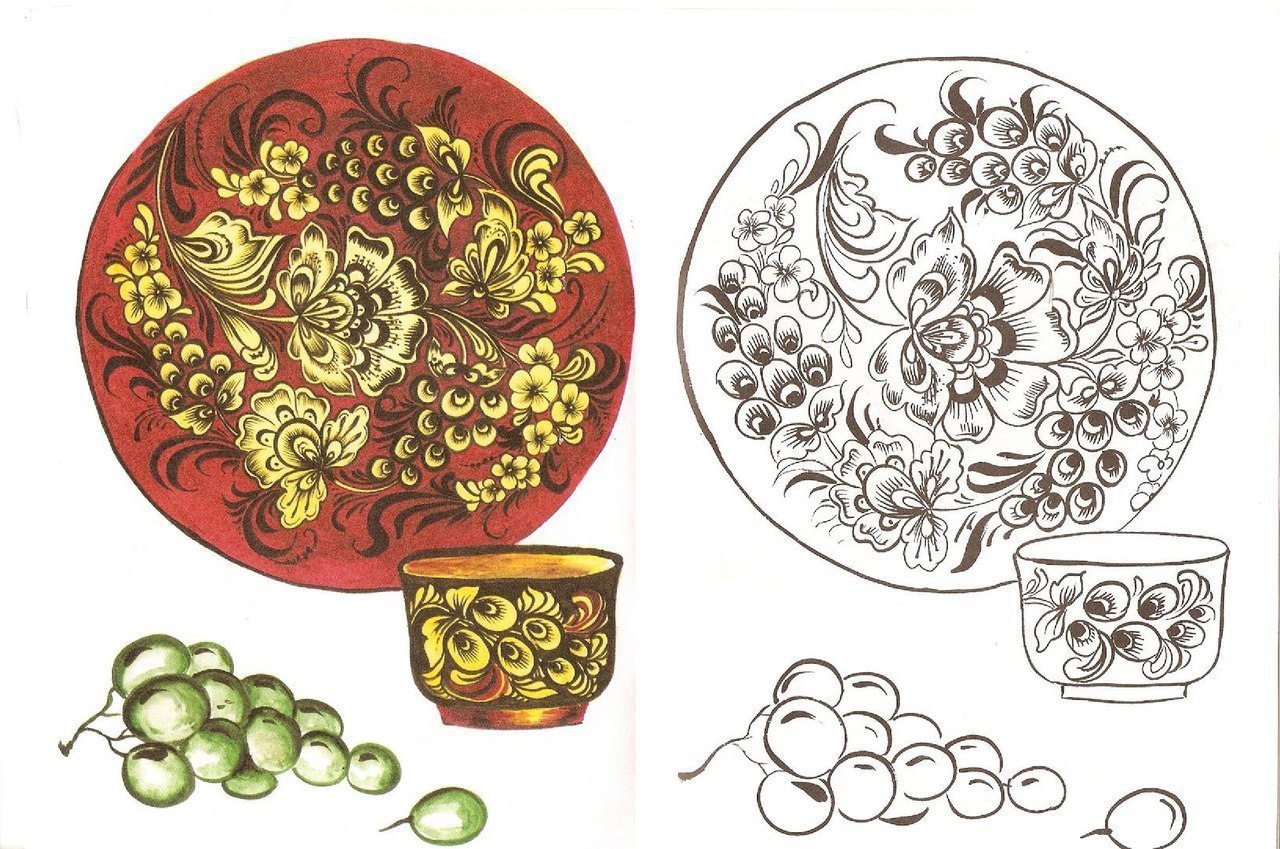 Элементы хохломской росписи на посуде