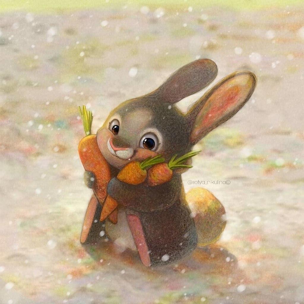 Красивая открытка с добрым утром с зайцами и морковкой зимой
