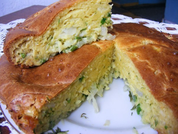 Капустный пирог.Продукты:500 г белокачанной капусты,1 средняя луковица,6 ст.л. муки,3 яйца,5 ст. л. ...