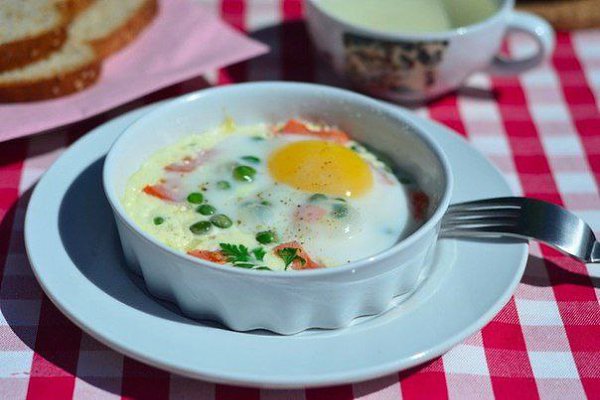 Яичница в духовке.Ингредиенты:Яйца куриные — 2 шт.Лук-шалот — 1 шт.Помидор — 1 шт.Сливки — 4 ст. ...