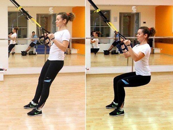 Упражнения с TRX петлями: 1. Приседания с тягой - 20 2. Тяга в наклоне (пресс подтянут, спина ... - 2