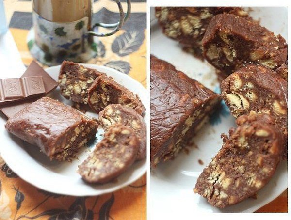 Чайная колбаска.Даже не ожидала, что это настолько вкусный десерт! Поскольку печенье надо крошить не ...