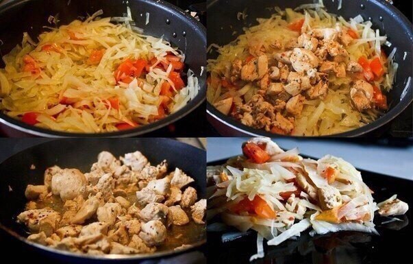 Тушеная капуста с томатами и с курицей. Калорийность на одну порцию 147 ккал Тушеная капуста с ...