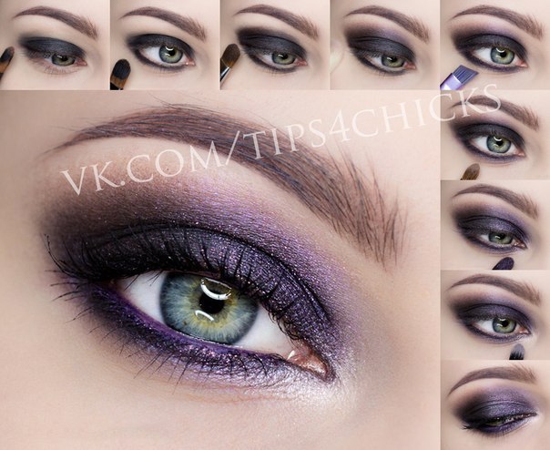 Purple.1.В качестве основы используйте черные кремовые тени.2.Растушуйте их и нанесите также и ни ...