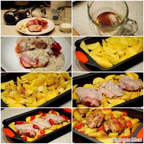 Курица маринованная в кефире, запечённая с картофелем с травами и чесноком. 110 ккал.- кефир- 300 ...
