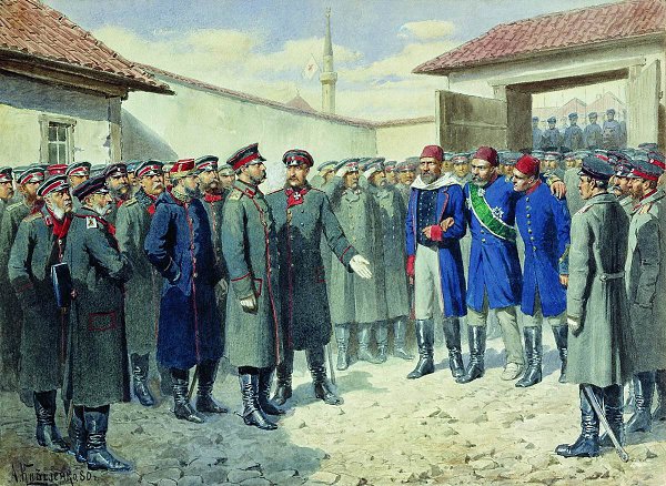 Алексей Кившенко. Сдача Плевны (Раненый Осман-паша перед Александром II). 1878 год. 1880.