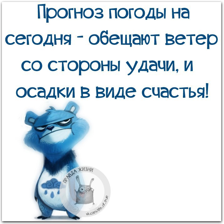 Ожидаем в течение дня. Осадки в виде счастья. Обещают ветер со стороны удачи и осадки в виде счастья. Обещание завтра. Обещаю прикол.