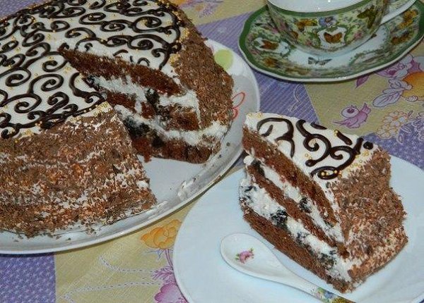 Торт "Тёмная ночь" Для бисквита: 3 яйца; 1 стакан сахара; 220 мл кефира; 1 ч. л. соды; 2 ...
