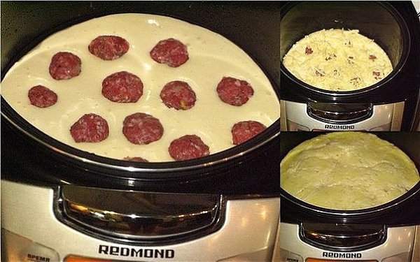 Пирог с мясными шариками.Состав: Сметана — 1 баночка (250г)Яйцо — 3 штРазрыхлитель — 1ч.л.Мука ... - 2