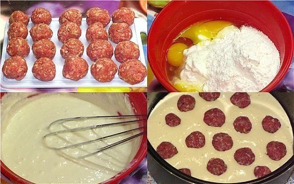 Пирог с мясными шариками.Состав: Сметана — 1 баночка (250г)Яйцо — 3 штРазрыхлитель — 1ч.л.Мука ... - 3