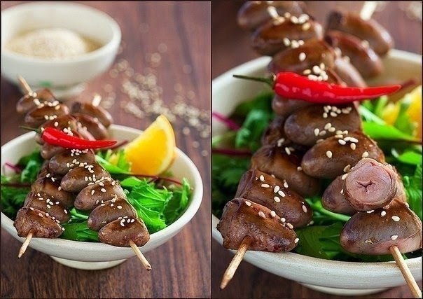 Куриные сердечки на шпажках.Ингредиенты:600 гр куриных сердечек2 ст. ложки апельсинового сока2 ч. ...