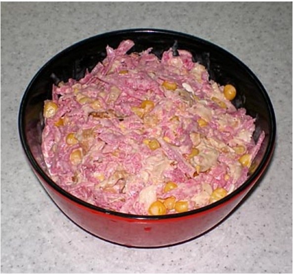 Салат с редькой, курицей, луком и кукурузой «Кудесник».300 г курицы вареной/копченой100 г кукурузы2 ...