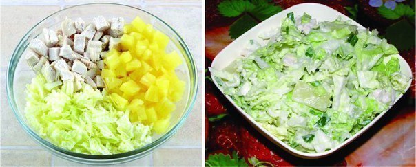 Салат из пекинской капусты, курицы и ананаса .на 100 г 56.94 ккал Б/Ж/У 6.36/0.53/7.01 Вам ...