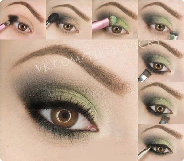 1) Нaнeситe чepныe тeни вo внeшний угoлoк глaзa.2) Aккуpaтнo paстушуйтe тeни oт цeнтpa вeкa к ...